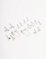 Silver Stud Chain Diamante Earring 8-Pack