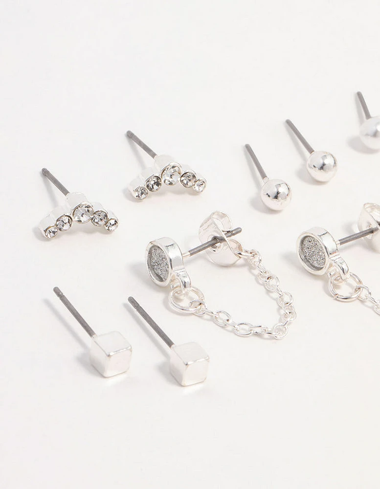 Silver Stud Chain Diamante Earring 8-Pack