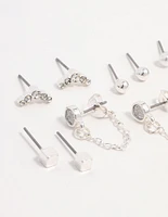 Silver Stud Chain Diamante Earring 8-Pack