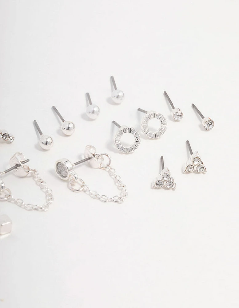 Silver Stud Chain Diamante Earring 8-Pack