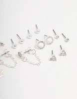 Silver Stud Chain Diamante Earring 8-Pack