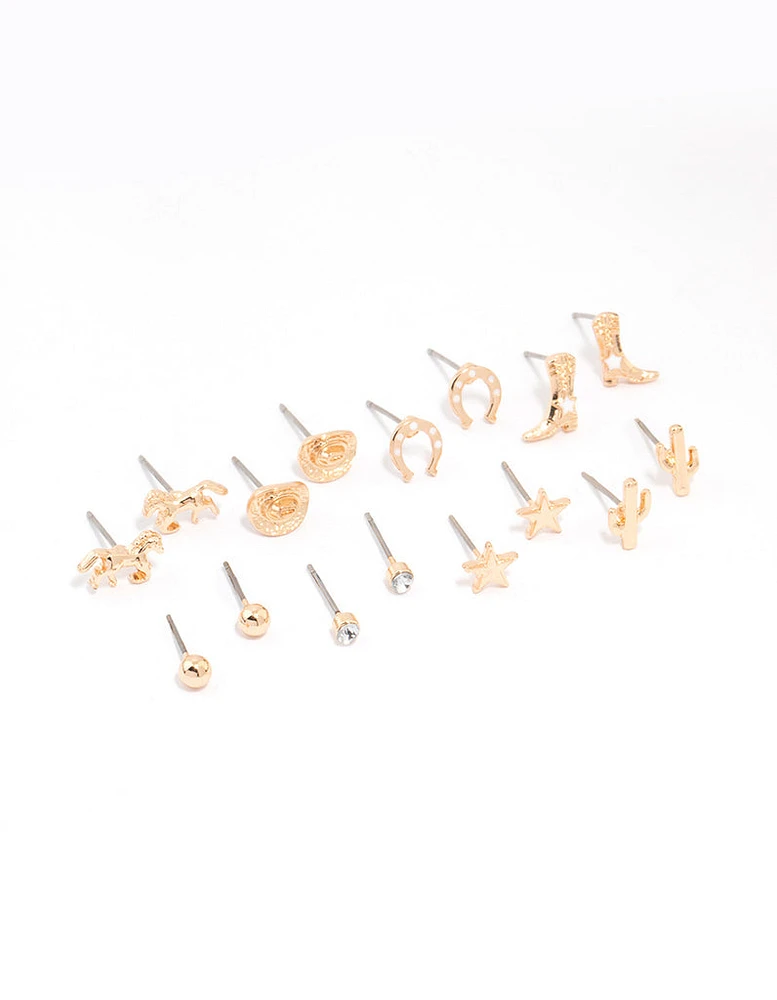 Gold Western Cowgirl Earrings 8-Pack
