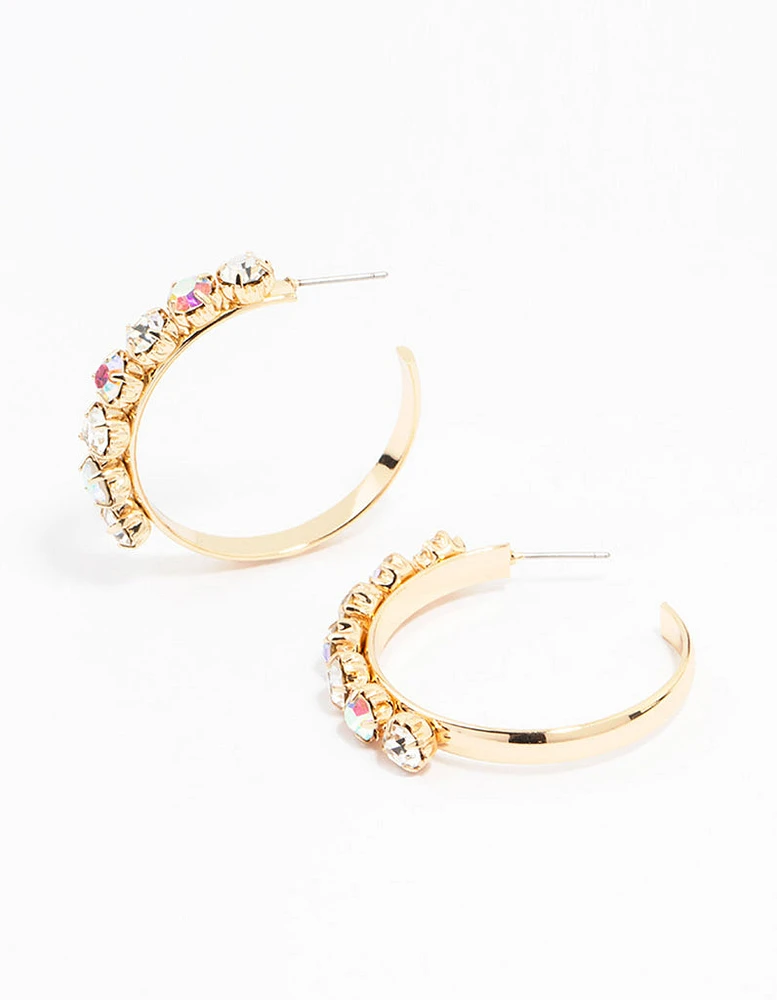 Gold Round Diamante Medium Hoop Earrings