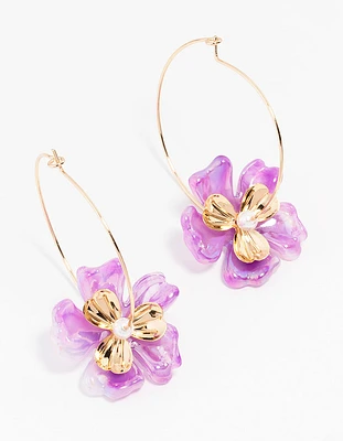 Gold Acrylic Pink Pearl Flower Hoop Earring