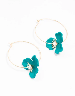 Gold Blue Coated Wire Flower Earrings