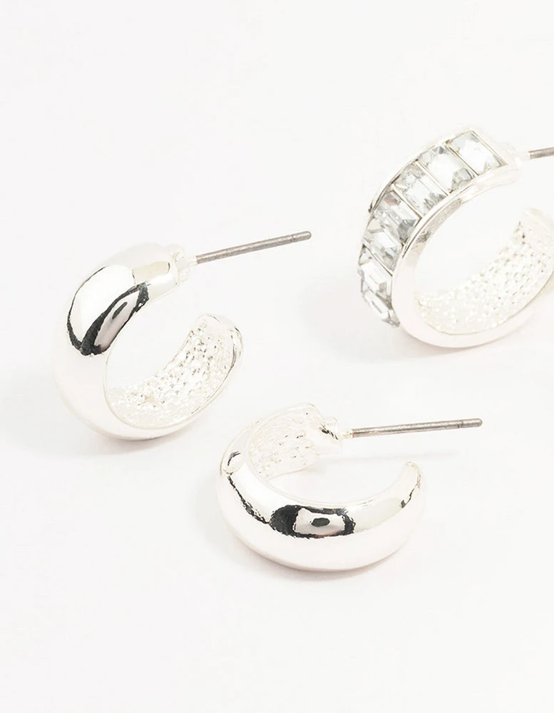 Silver Baguette & Diamante Hoop Earrings 2-Pack