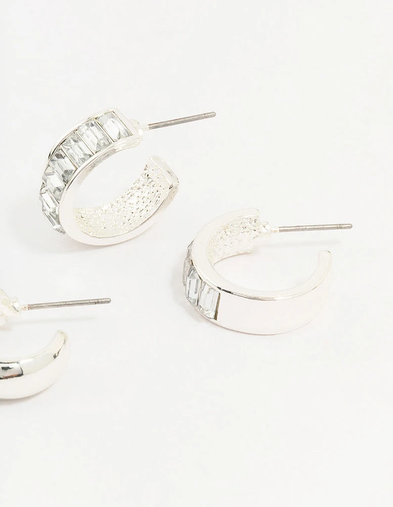 Silver Baguette & Diamante Hoop Earrings 2-Pack