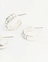 Silver Baguette & Diamante Hoop Earrings 2-Pack