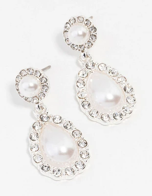 Silver Diamante Encased Pearl Drop Earrings