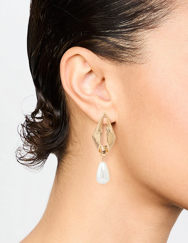 Gold Oval Pearl Drop Earrings