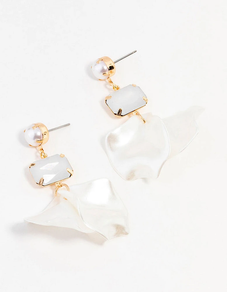 Gold  Diamante Pearl Petal Drop Earrings