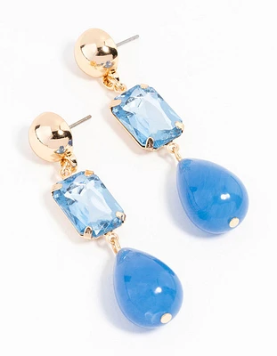 Gold Plated Blue Diamante Teardrop Beaded Drop Earrings