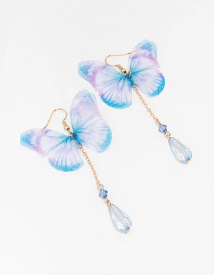 Blue Fabric Tie Dye Butterfly Drop Earrings