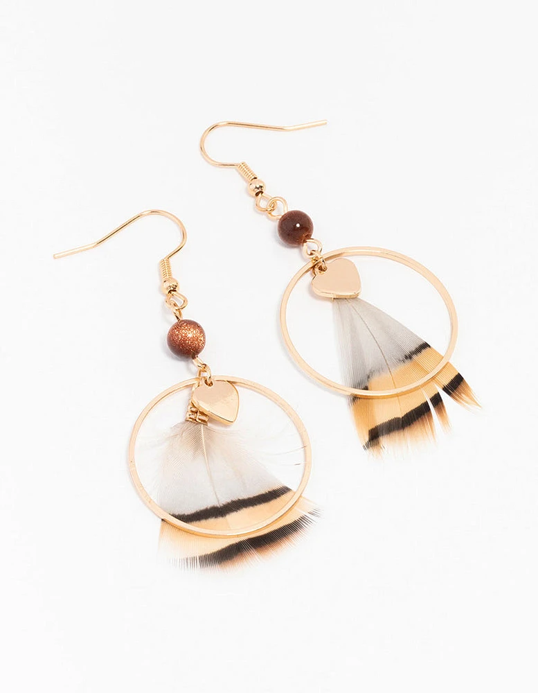 Gold Feather & Bead Ring Drop Earrings