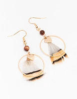 Gold Feather & Bead Ring Drop Earrings