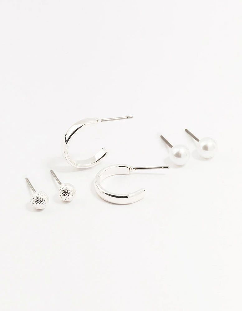 Silver Pearl Stud & Hoop Earrings 3-Pack