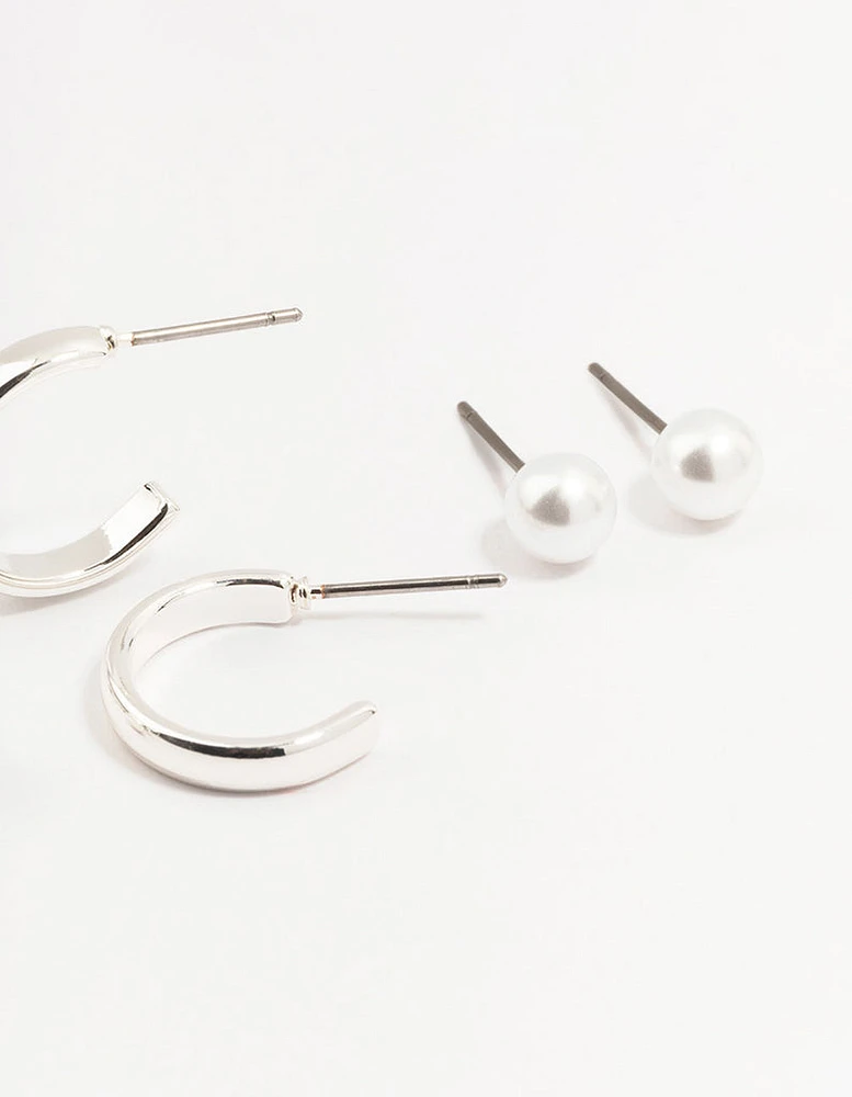 Silver Pearl Stud & Hoop Earrings 3-Pack