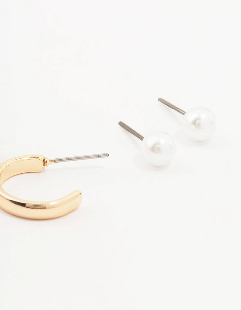 Gold Pearl Stud And Hoop Earrings 3-Pack