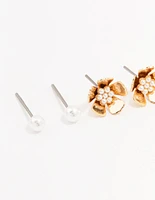 Gold Pearl Flower Stud Earrings 3-Pack