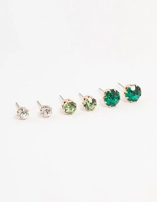 Gold Green Diamante Stud Earrings 3-Pack