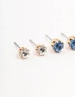 Gold Purple Multi Diamante Stud Earrings 3-Pack