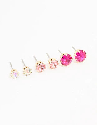 Gold Pink Diamante Stud Earrings 3-Pack