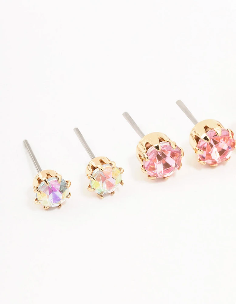 Gold Pink  Multi Diamante Stud Earrings 3-Pack