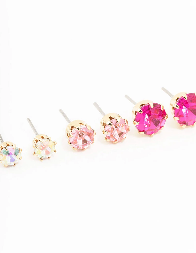 Gold Pink  Multi Diamante Stud Earrings 3-Pack