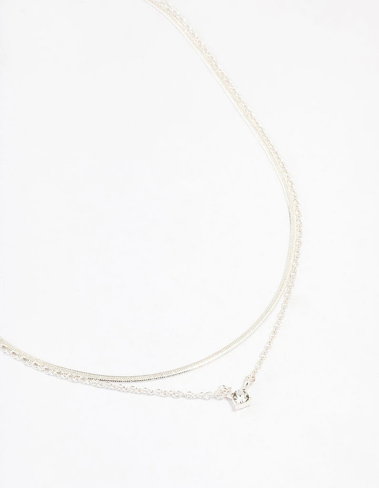 Silver Double Diamante Slinky Chain Layered Necklace