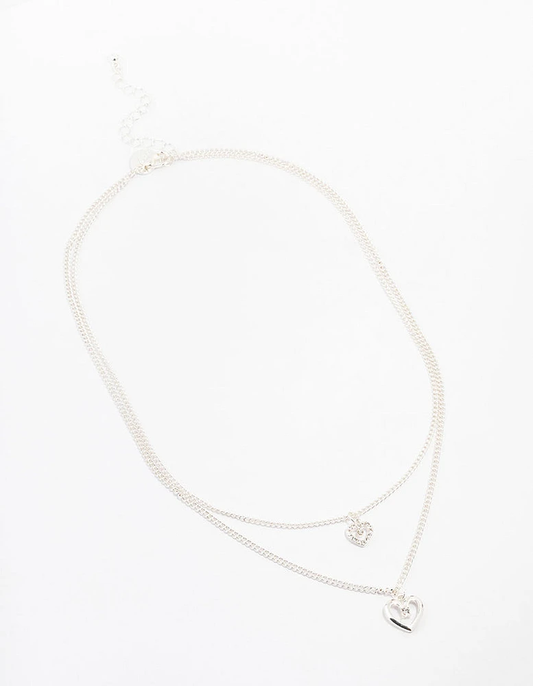 Silver Double Chain Heart Diamante Necklace