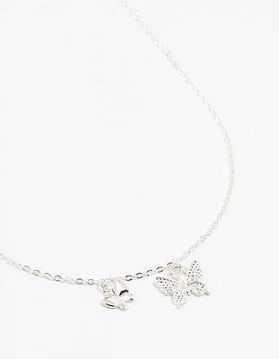 Silver Double Diamante Butterfly Necklace