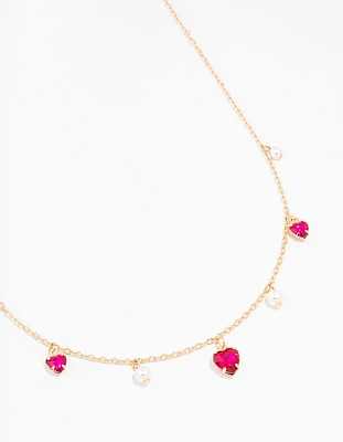 Gold Pearl And Diamante Heart Droplet Necklace