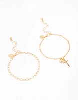 Gold Chain Cross & Heart Bracelets 2-Pack