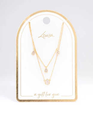 Gold Plated Cubic Zirconia Teardrop Layered Necklace