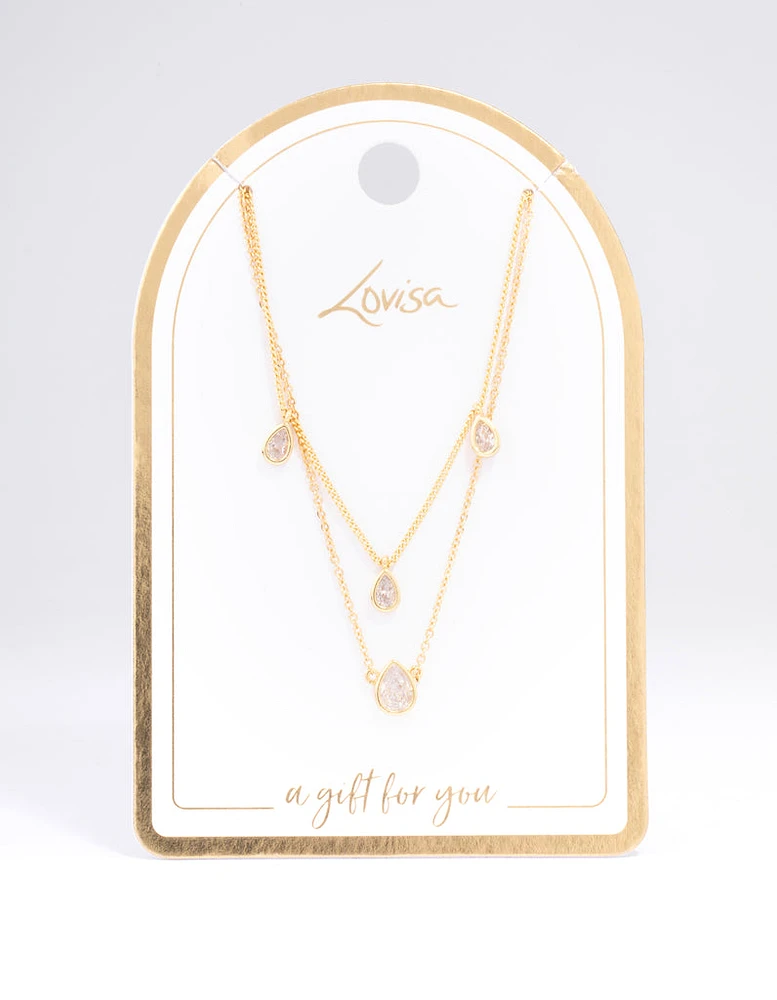 Gold Plated Cubic Zirconia Teardrop Layered Necklace