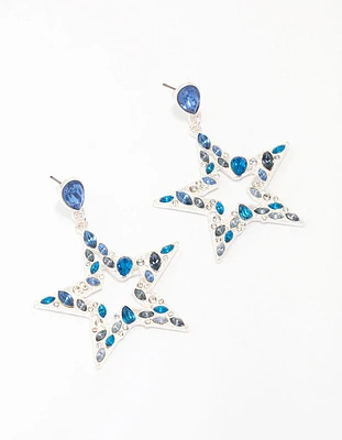 Silver & Blue Small Diamante Star Drop Earrings