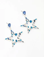 Silver & Blue Small Diamante Star Drop Earrings