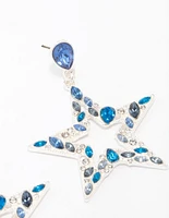 Silver & Blue Small Diamante Star Drop Earrings