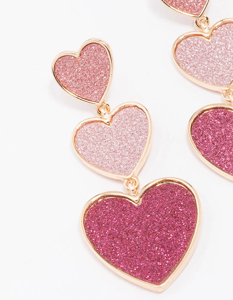 Gold Triple Row Pink Glitter Drop Earrings