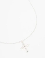 Silver Plated Diamante Round Cross Necklace