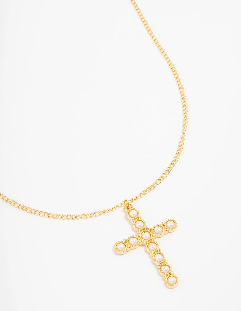 Gold Plated Acrylic Pearl Cross Necklace