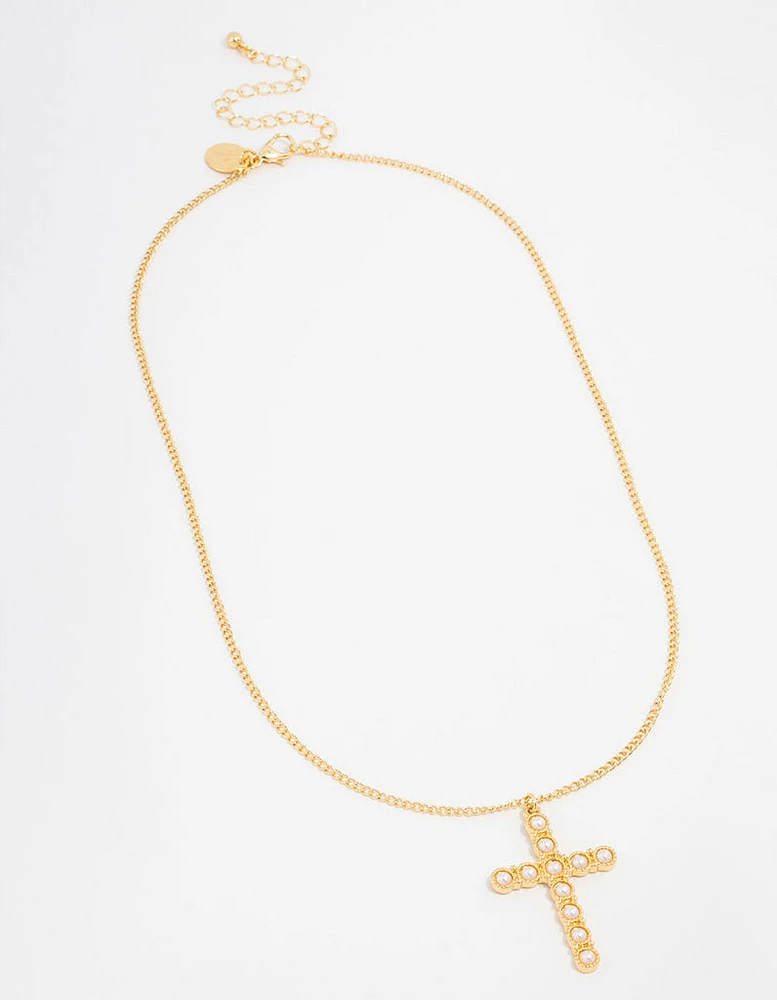 Gold Plated Acrylic Pearl Cross Necklace