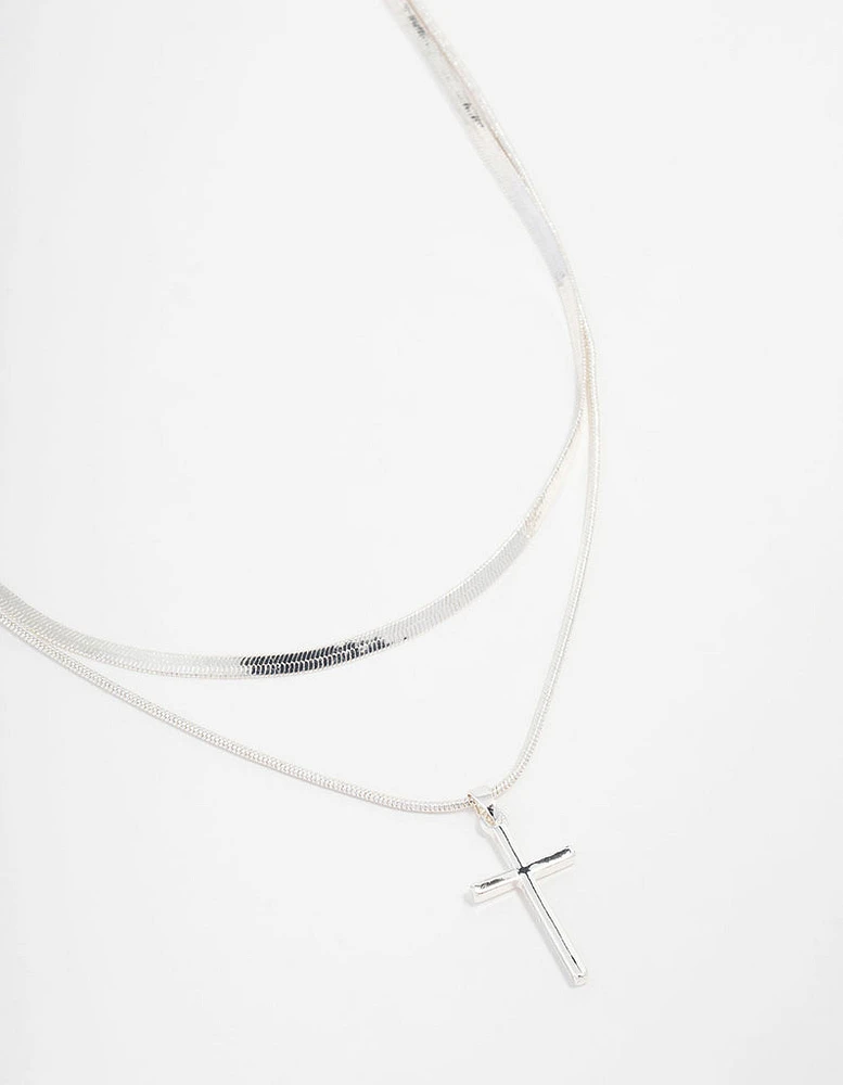 Silver Plated Plain Cross Snake Necklace 2-Pack