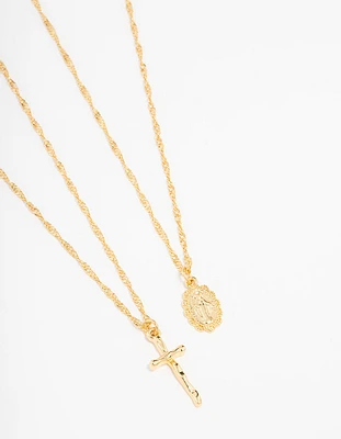 Gold Plated Mary Hammered Cross Necklace 2-Pack