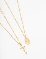 Gold Plated Mary Hammered Cross Necklace 2-Pack