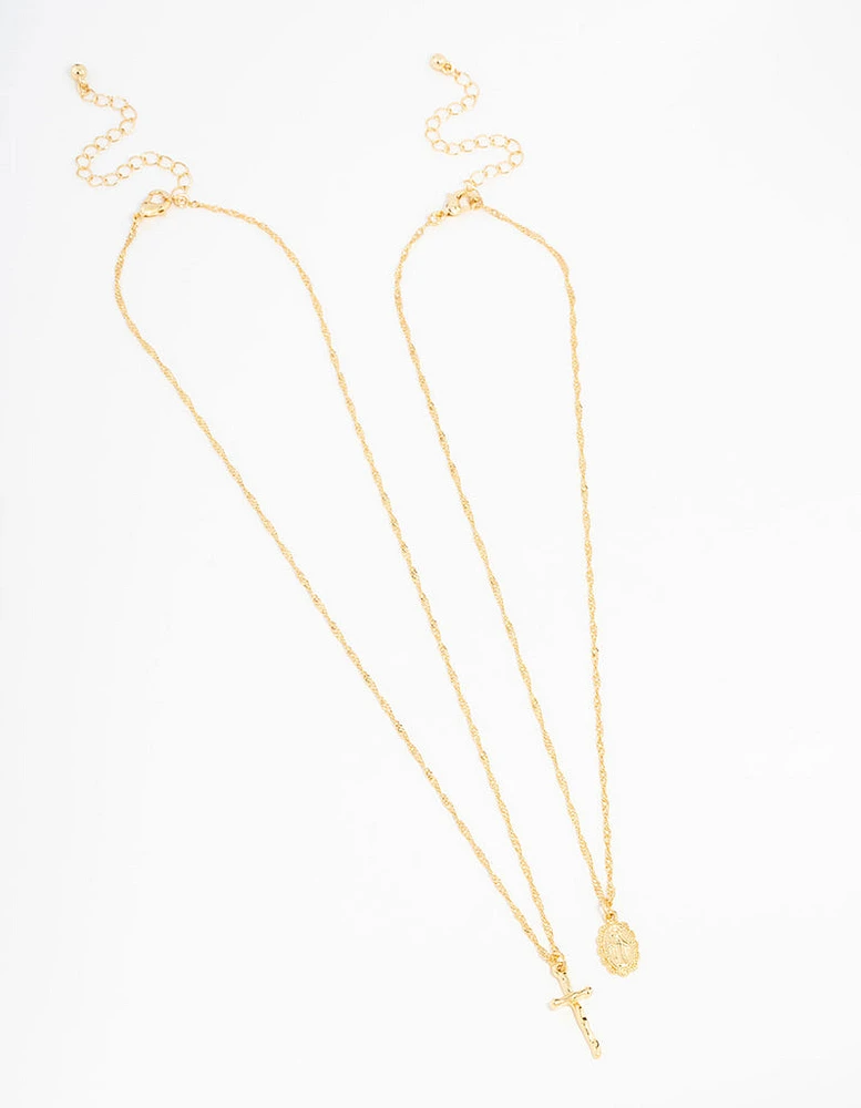 Gold Plated Mary Hammered Cross Necklace 2-Pack