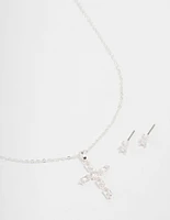 Silver Plated Diamante Cross Necklace & Stud Earrings Set