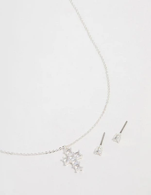 Silver Plated Cubic Zirconia Mini Cross Necklace & Stud Earrings Set