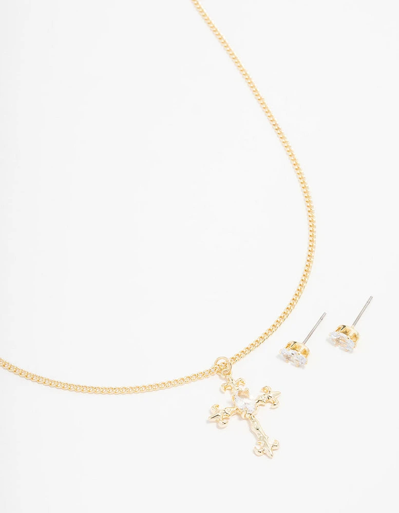 Gold Plated Ornate Necklace & Stud Earrings Set