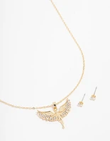 Gold Plated Cubic Zirconia Angel Necklace & Stud Earrings Set